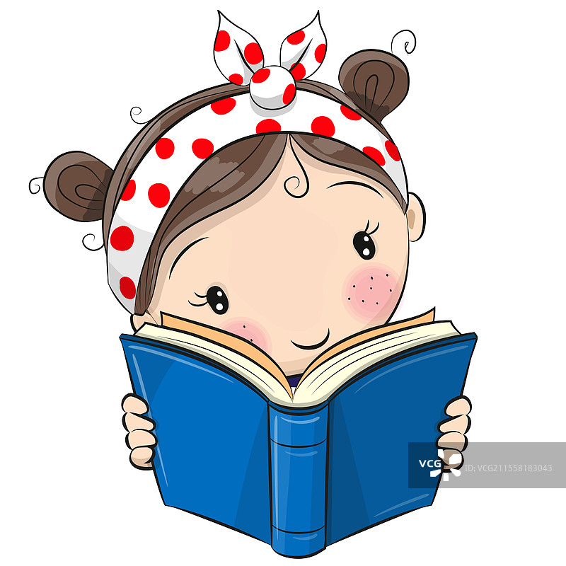 可爱的卡通女孩正在阅读一本书图片素材