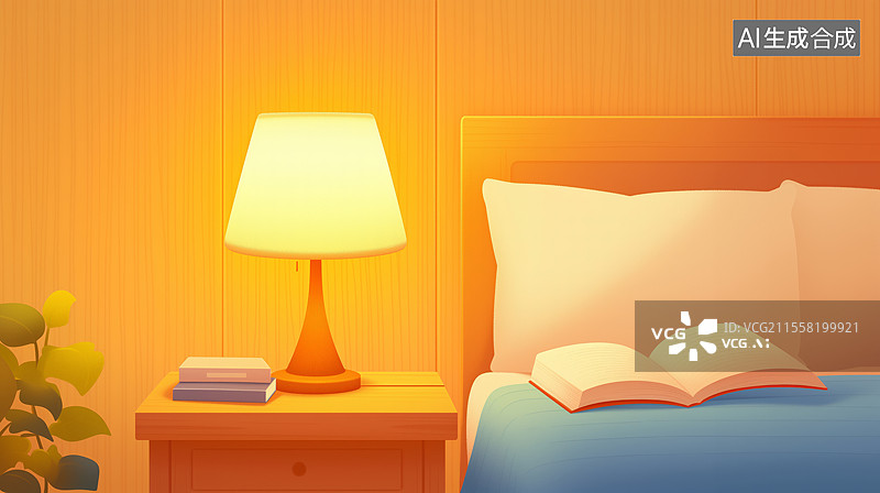 【AI数字艺术】夜晚床头柜上温暖的台灯与打开的书籍图片素材