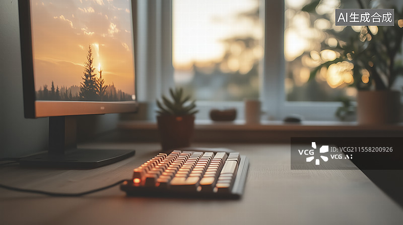 【AI数字艺术】家里桌子上的电脑键盘特写镜头图片素材
