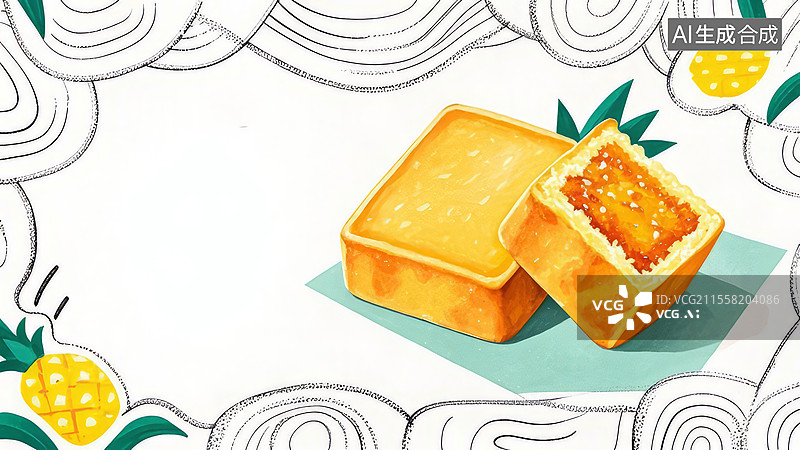 【AI数字艺术】2D卡通居右-美食小吃零食-凤梨酥-壁纸治愈背景-手绘简约风壁纸图片素材