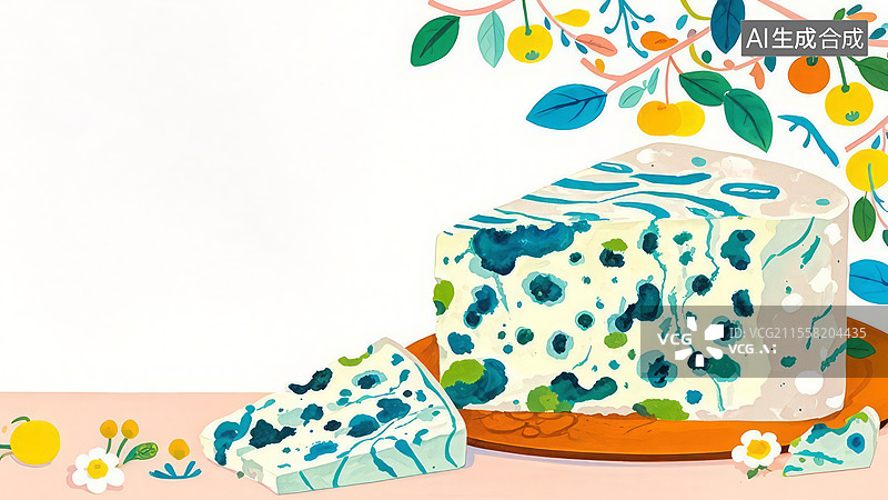 【AI数字艺术】2D卡通右下-美食小吃零食-蓝纹奶酪-壁纸治愈背景-手绘简约风壁纸图片素材