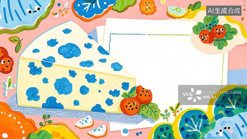 【AI数字艺术】2D卡通居左-美食小吃零食-蓝纹奶酪-壁纸治愈背景-手绘简约风壁纸图片素材