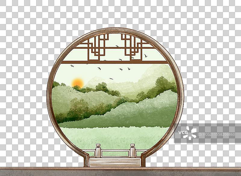 传统花窗群山山水飞鸟风景图片素材