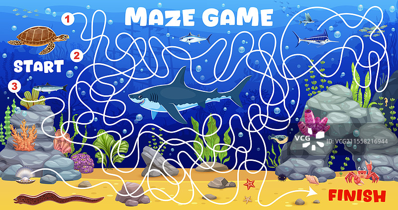 儿童迷宫游戏工作表，主题为海洋动物图片素材