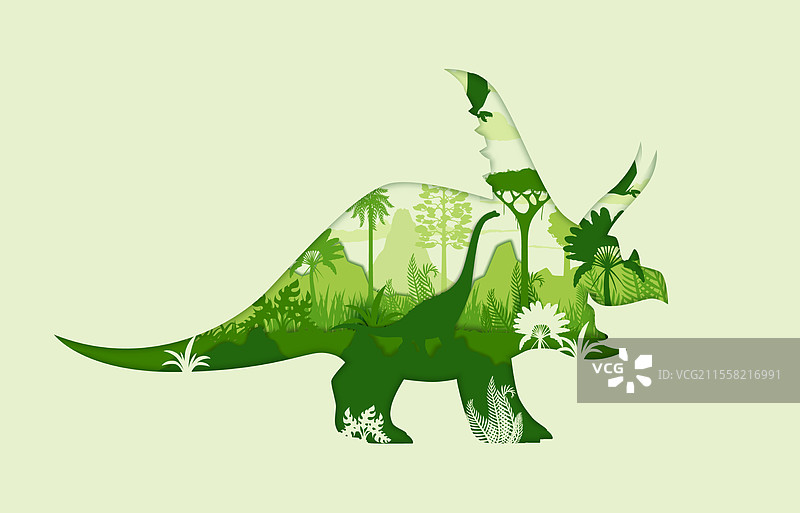 纸剪恐龙剪影与恐龙和树木图片素材
