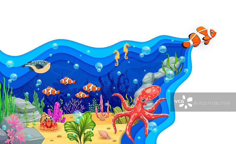 水下风景的剪纸艺术，包含海洋动物图片素材