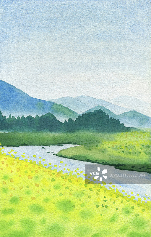 油菜花美景水彩插画图片素材