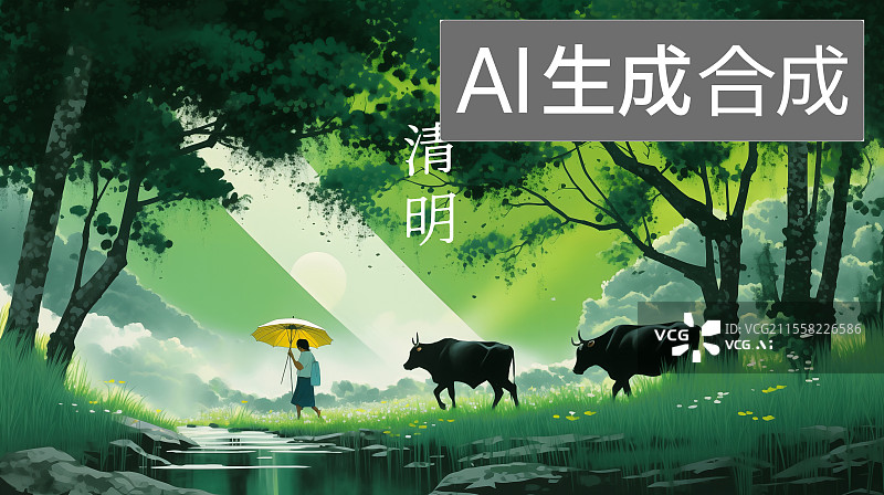 【AI数字艺术】清明节乡村水牛海报设计模板图片素材