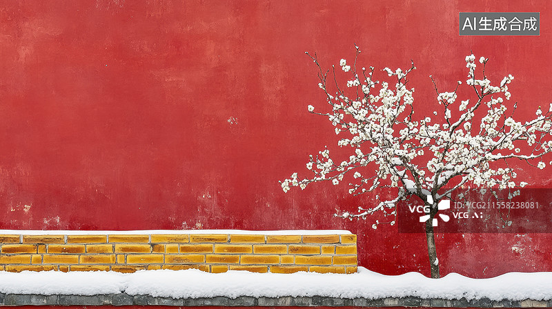 【AI数字艺术】中国风红墙梨花图片素材