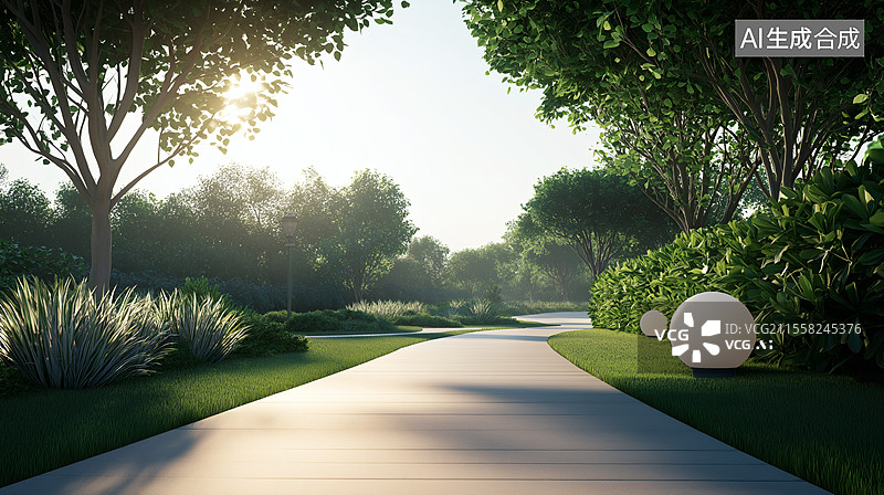 【AI数字艺术】阳光洒在林间小道上图片素材