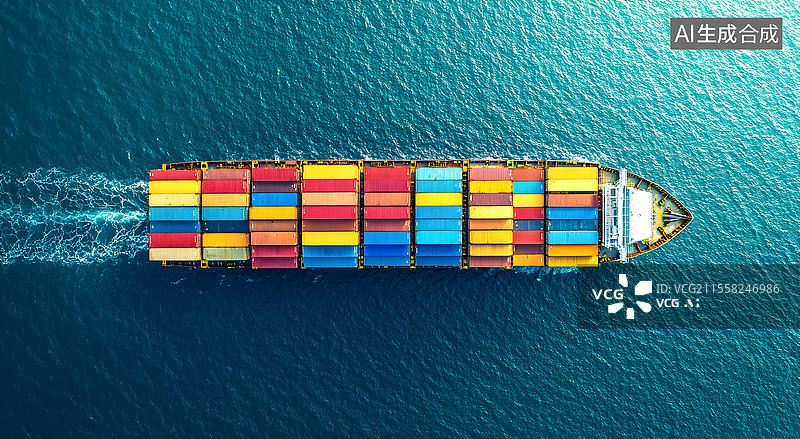 【AI数字艺术】鸟瞰图集装箱船在海上物流，进出口，航运或运输图片素材
