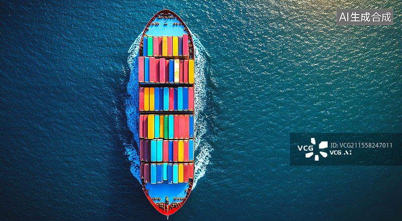 【AI数字艺术】鸟瞰图集装箱船在海上物流，进出口，航运或运输图片素材