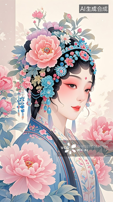 【AI数字艺术】头上簪满工笔画风格的百花的戏曲装扮的女子的侧脸特写图片素材