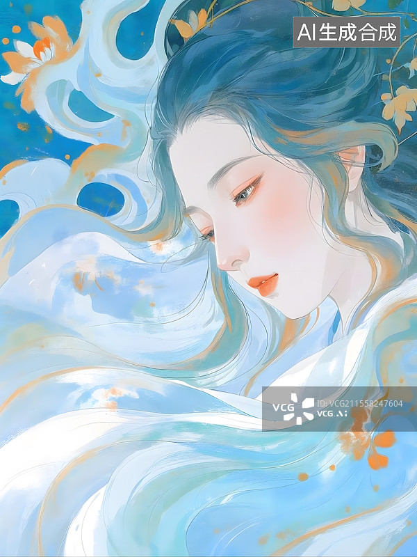 【AI数字艺术】水彩勾勒出一幅美艳的绝色古风美女脸，长波浪发与周围淡淡晕开的色块融合图片素材