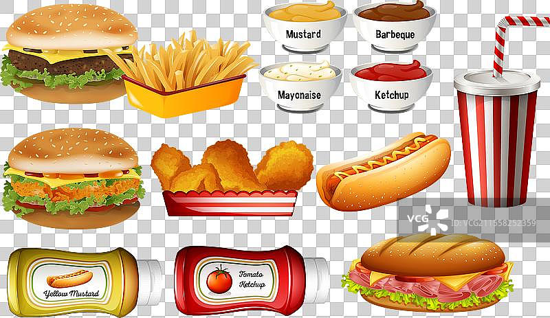 快餐食品和调味品的集合图片素材