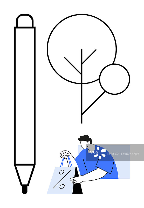 一个人正在用极简风格的笔和树购物图片素材