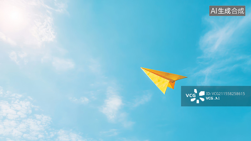 【AI数字艺术】蓝天背景，一架橙色纸飞机图片素材