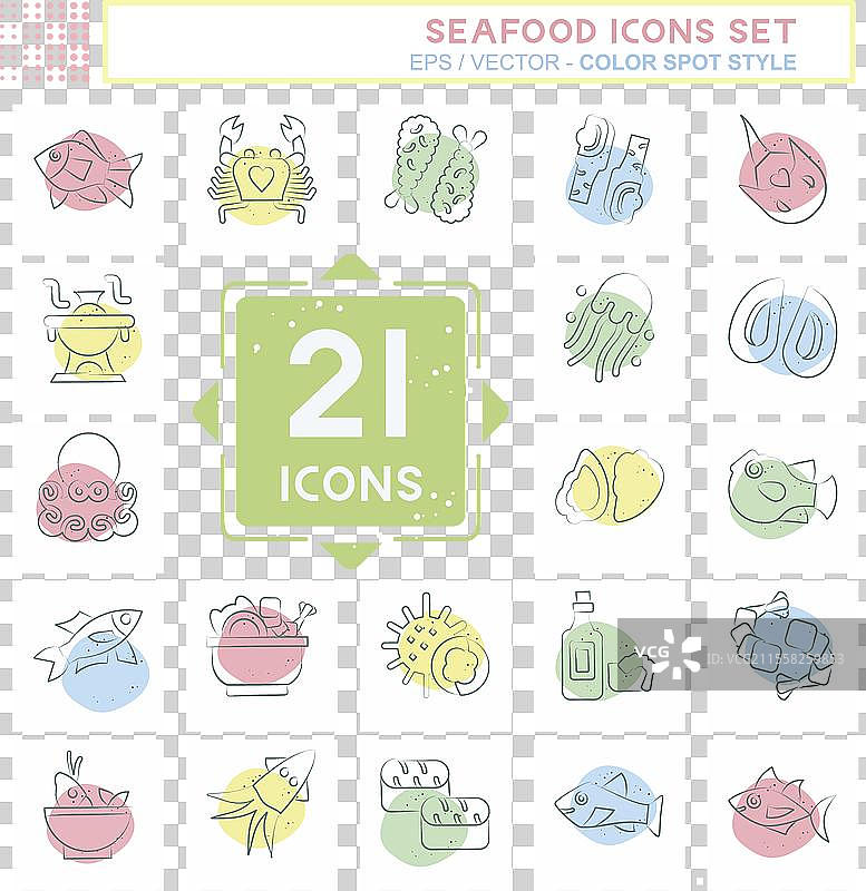 与假日符号颜色相关的海鲜图标集图片素材