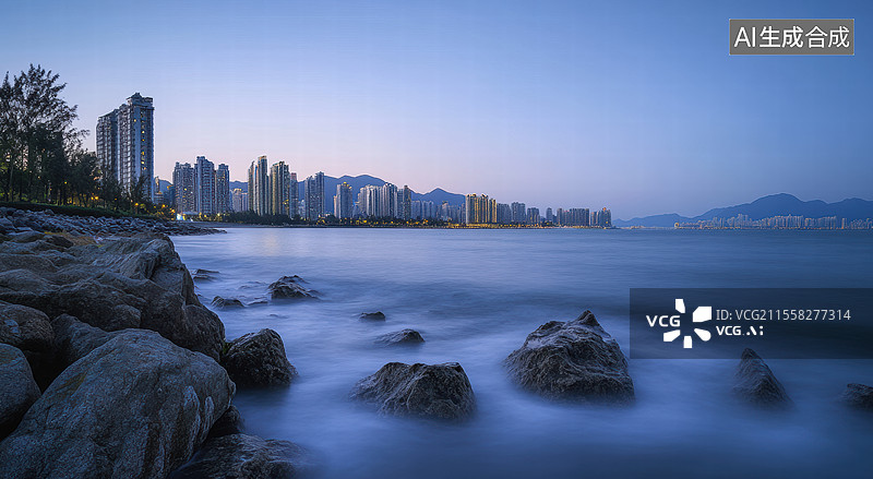 【AI数字艺术】一幅宁静的城市海滨夜景。前景是被海水冲刷的岩石，背景是高楼林立的城市建筑群.图片素材