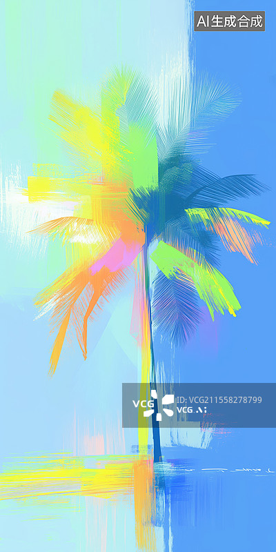 【AI数字艺术】抽象解构晴朗的夏日热带海边的椰树棕榈树手绘油画插画图片素材