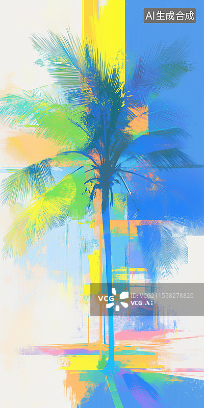 【AI数字艺术】抽象解构晴朗的夏日热带海边的椰树棕榈树手绘油画插画图片素材
