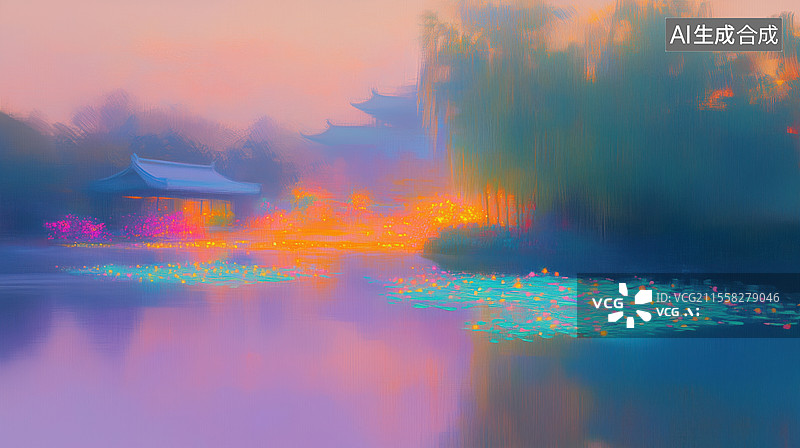 【AI数字艺术】梦幻印象派水边的亭台楼阁古典建筑手绘油画插画图片素材