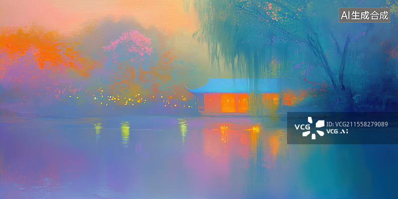 【AI数字艺术】梦幻印象派水边的亭台楼阁古典建筑手绘油画插画图片素材