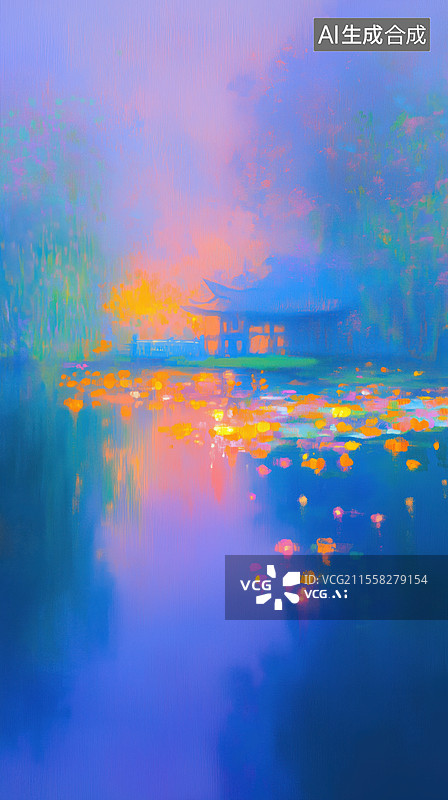【AI数字艺术】梦幻印象派水边的亭台楼阁古典建筑手绘油画插画图片素材