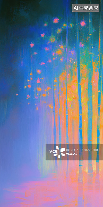 【AI数字艺术】梦幻印象派山中的朦胧竹林手绘油画插画图片素材
