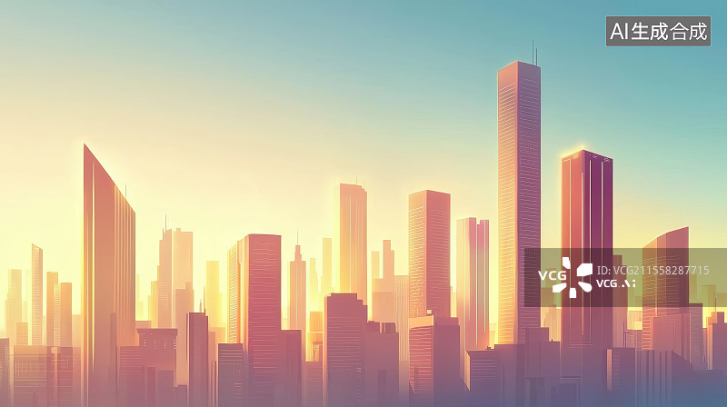【AI数字艺术】温暖色调描绘的现代城市剪影与日出景象图片素材