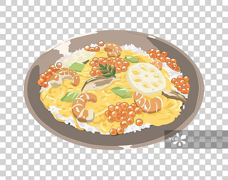 鱼子海鲜虾仁莲藕青菜蘑菇什锦炒饭美食免抠元素图片素材