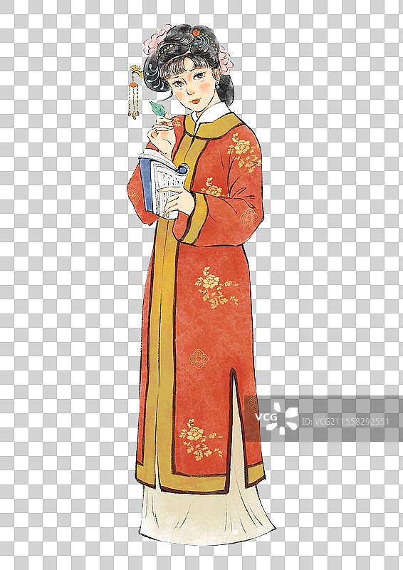 文学名著红楼梦金陵十二钗人物插画元素，看书的史湘云。图片素材