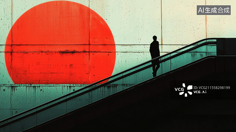 【AI数字艺术】巨型红色圆形背景墙与人物剪影的极简构图图片素材