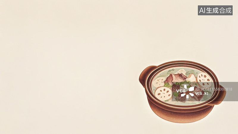【AI数字艺术】莲藕排骨汤 国风水墨画模版背景居右下图片素材