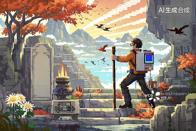 【AI数字艺术】像素风重阳节登高主题插画图片素材