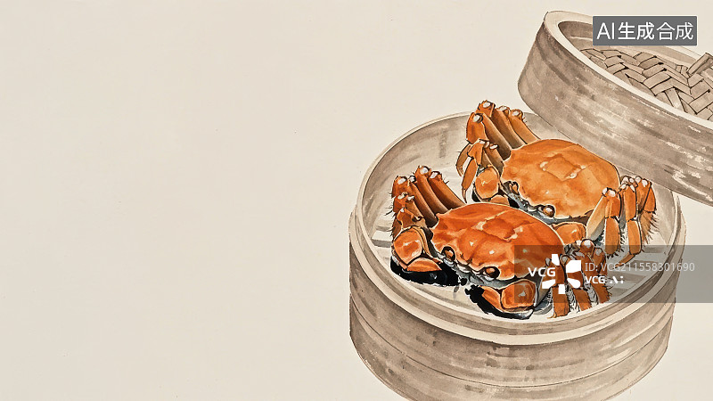 【AI数字艺术】阳澄湖大闸蟹 国风水墨画模版背景居右下图片素材