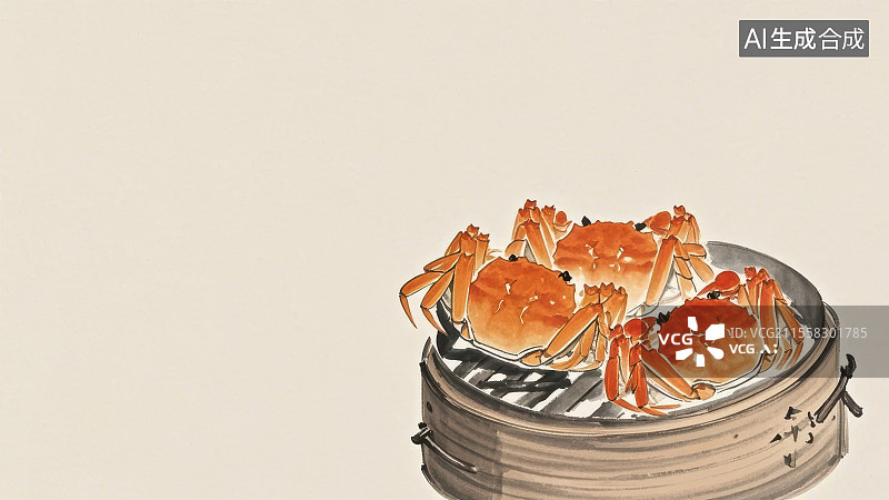 【AI数字艺术】阳澄湖大闸蟹 国风水墨画模版背景居右下图片素材