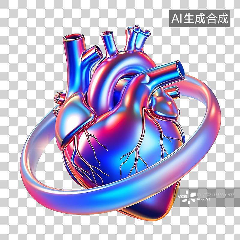 【AI数字艺术】3D渲染，炫彩激光镭射酸性金属质感，心脏，心脏病，心电图，免抠元素图片素材