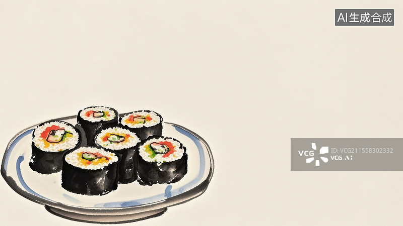 【AI数字艺术】紫菜包饭 国风水墨画模版背景居左下图片素材