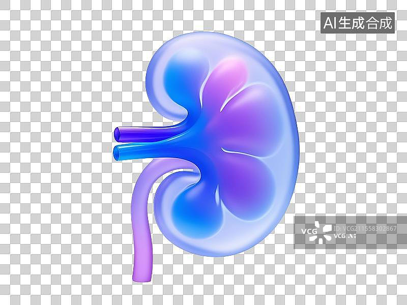 【AI数字艺术】3D渲染，磨砂玻璃质感，肾，肾脏，泌尿系统，免抠元素图片素材