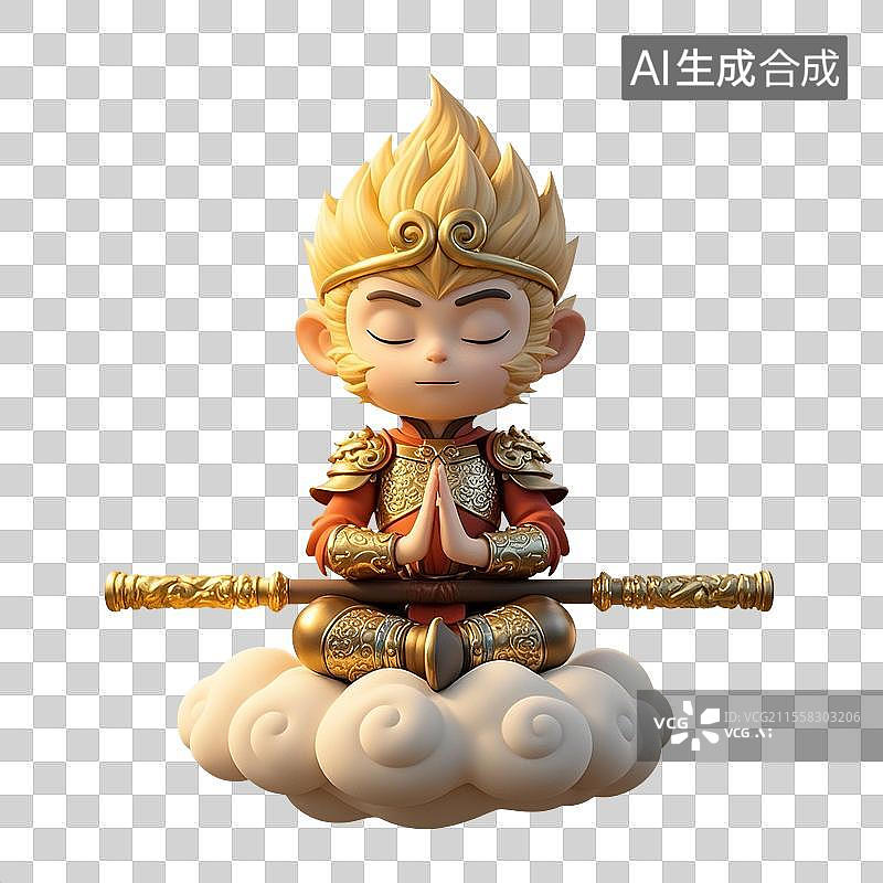 【AI数字艺术】3D渲染Q版孙悟空，齐天大圣，中国神话人物，孙悟空，筋斗云，免抠元素图片素材