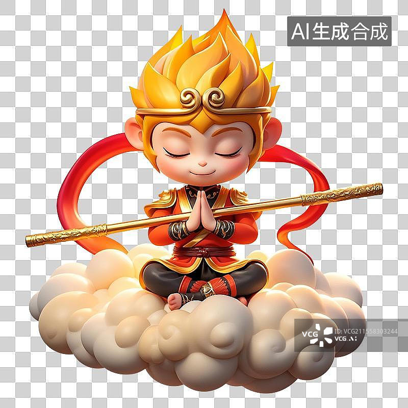 【AI数字艺术】3D渲染Q版孙悟空，齐天大圣，中国神话人物，孙悟空，筋斗云，免抠元素图片素材