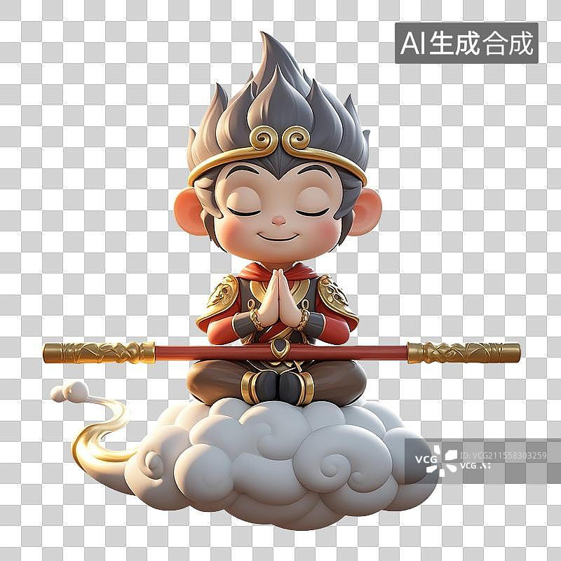 【AI数字艺术】3D渲染Q版孙悟空，齐天大圣，中国神话人物，孙悟空，筋斗云，免抠元素图片素材