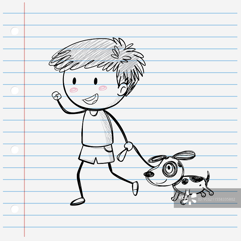 快乐的孩子高兴地牵着狗散步图片素材