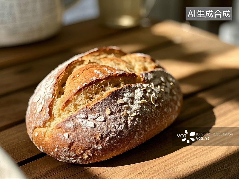 【AI数字艺术】质朴木桌的麦香面包图片素材