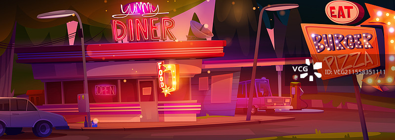 日落时分的卡通餐厅全景图片素材