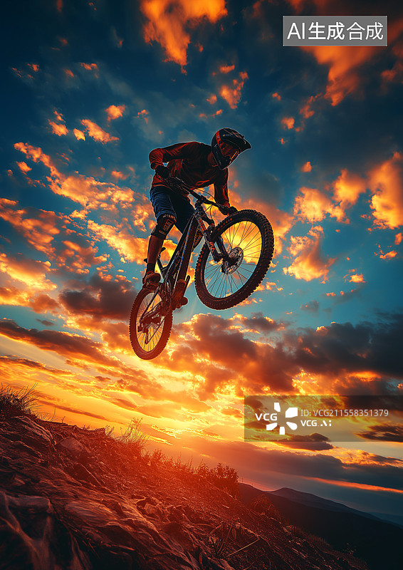 【AI数字艺术】夕阳下山地自行车特技表演图片素材