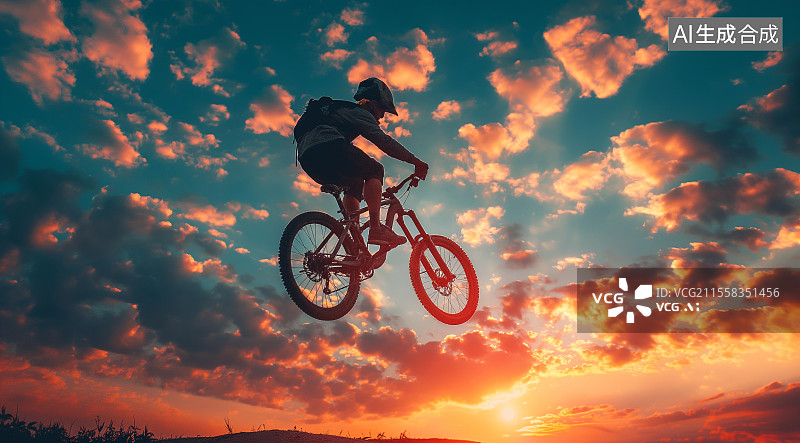 【AI数字艺术】夕阳下山地自行车特技表演图片素材