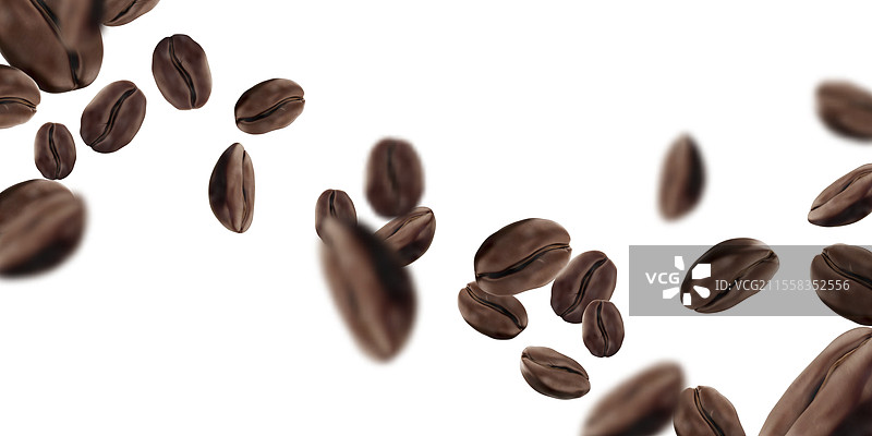 飞翔的烘焙咖啡豆在白色背景上图片素材