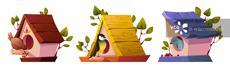 卡通鸟屋系列与栖息的小鸟图片素材